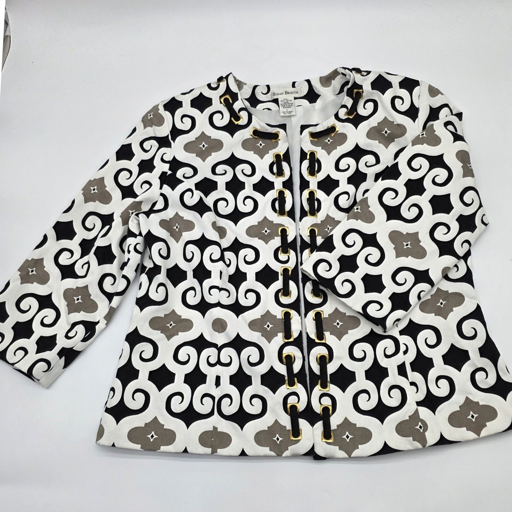 Quiet LUXE Jacket Womens L Black White Geometric Scroll Open Front‎ Granny Chic